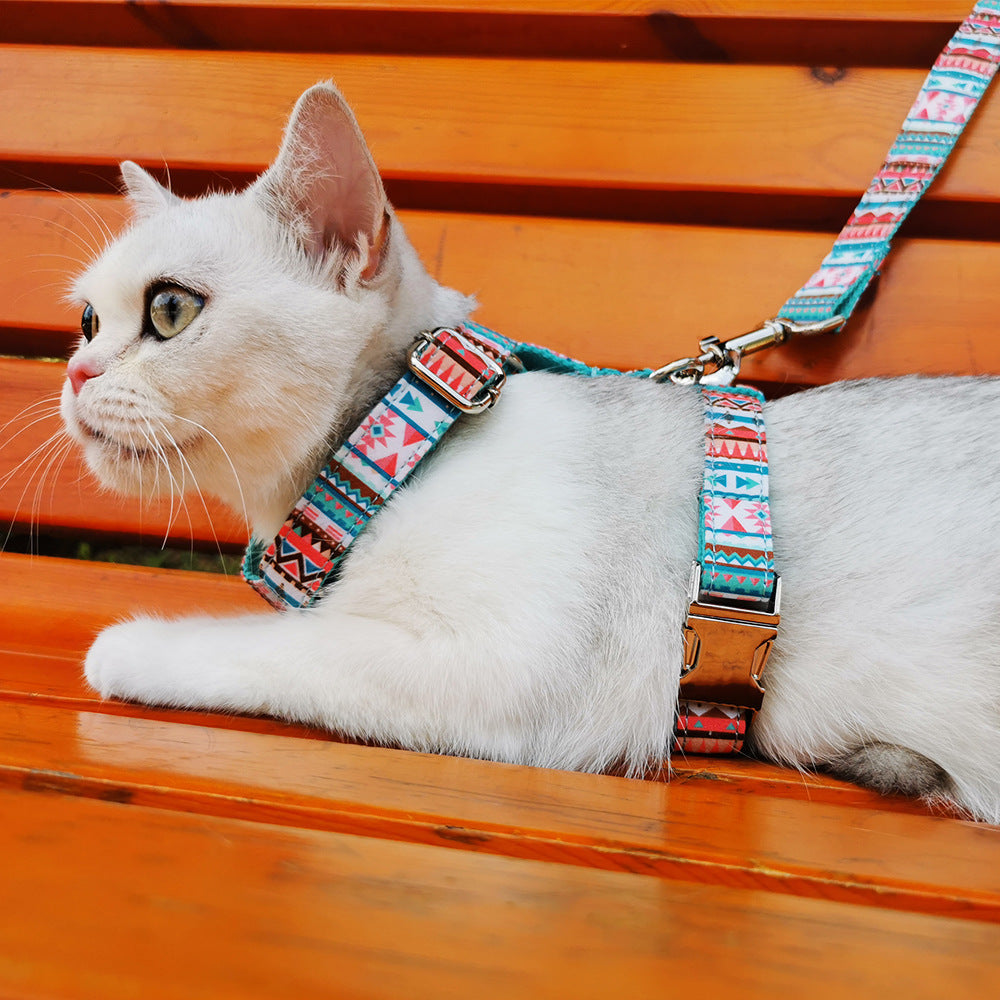 A colorful tropical dog harness designed for comfort and style, featuring eco-friendly materials and a secure D ring for leash attachment.
