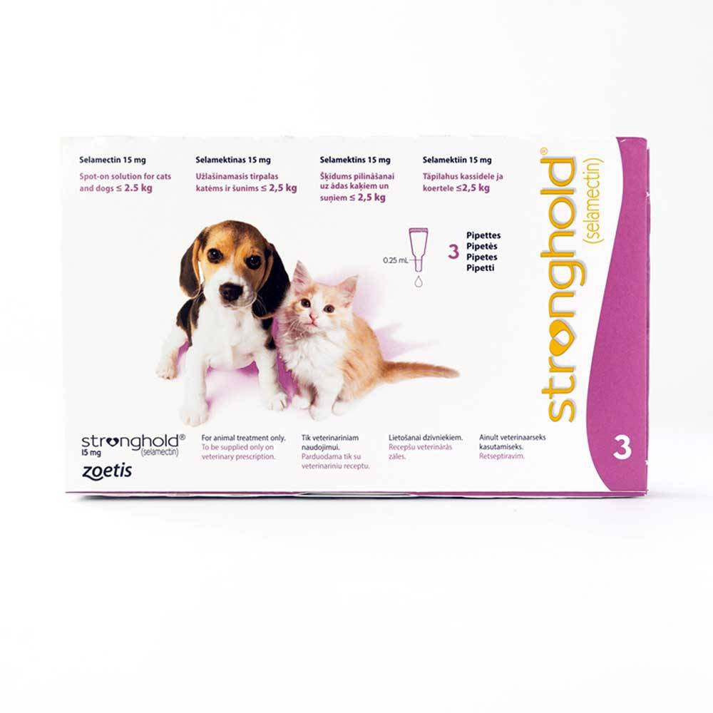 Stronghold Flea & Heartworm treatment tubes for small cats and dogs, featuring three 1.0ml tubes of selamectin for effective parasite control.