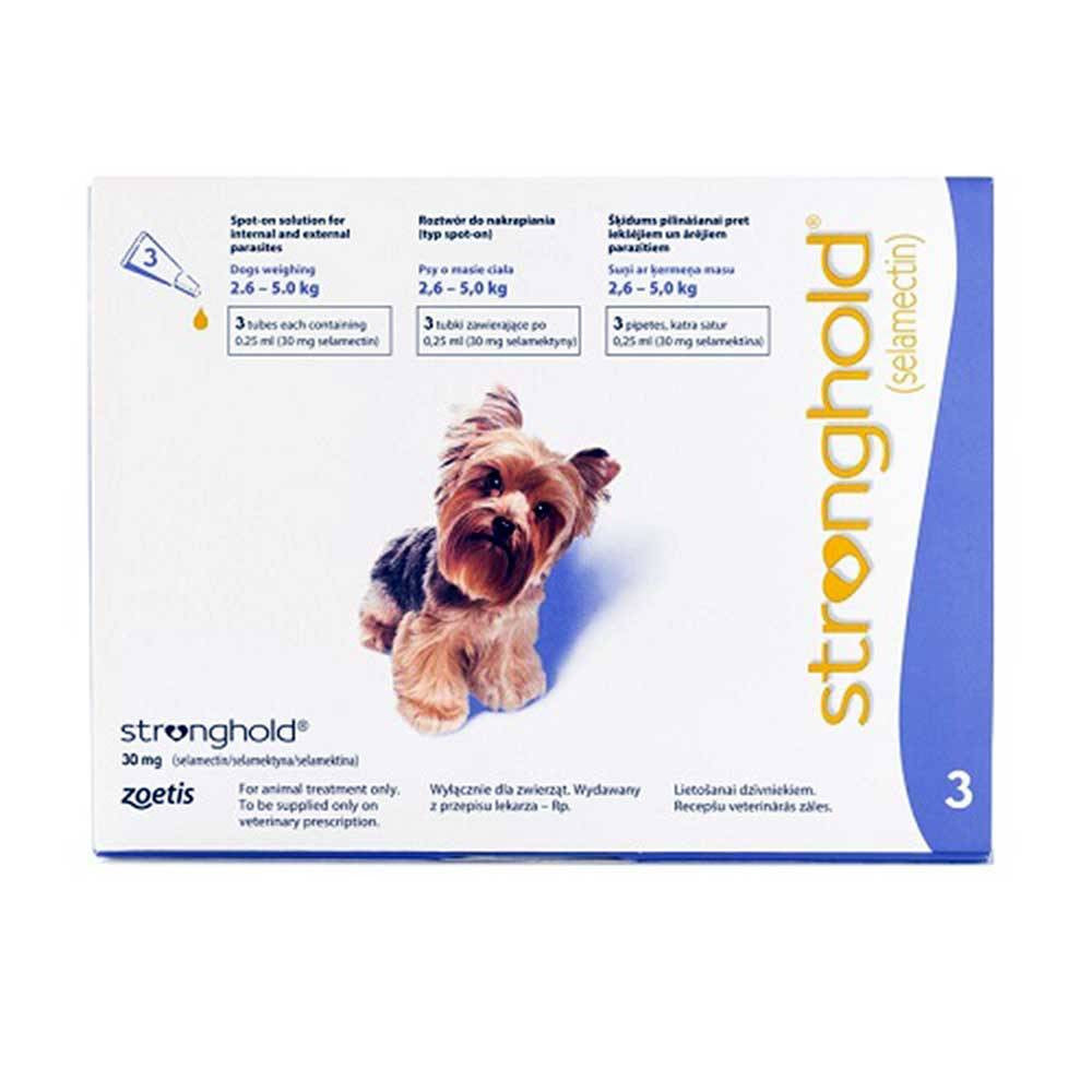 Stronghold Flea & Heartworm topical treatment for small dogs, featuring a violet packaging design, suitable for dogs weighing 2.6-5kg.