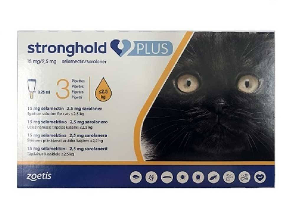 Stronghold Plus 15 mg/2.5 mg spot-on solution for small cats, featuring three pipettes in a package.