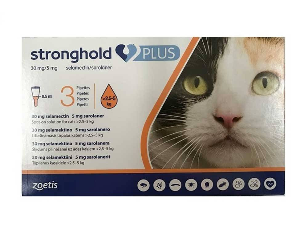 Stronghold Plus 30 mg/5 mg spot-on solution for medium cats, featuring three pipettes in a sleek packaging design.