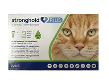 Stronghold Plus Spot-on for Cats & Kittens packaging, featuring three pipettes for parasite treatment.