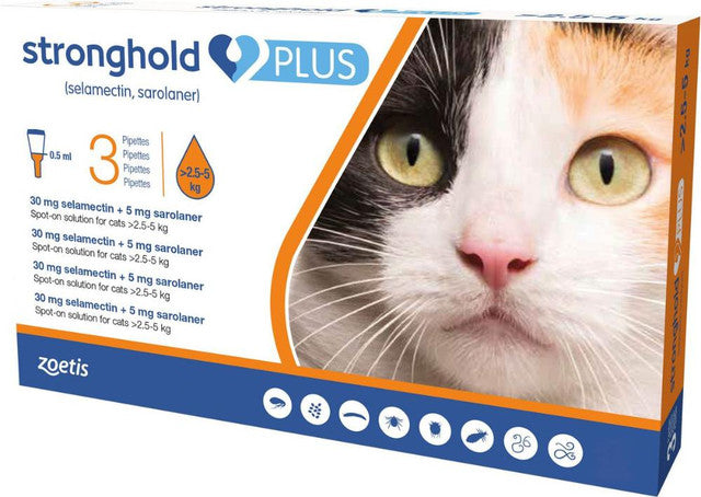 Stronghold Plus Spot-on for Cats and Kittens, 3 pipettes for parasite treatment, suitable for cats weighing 2.5-5 kg.