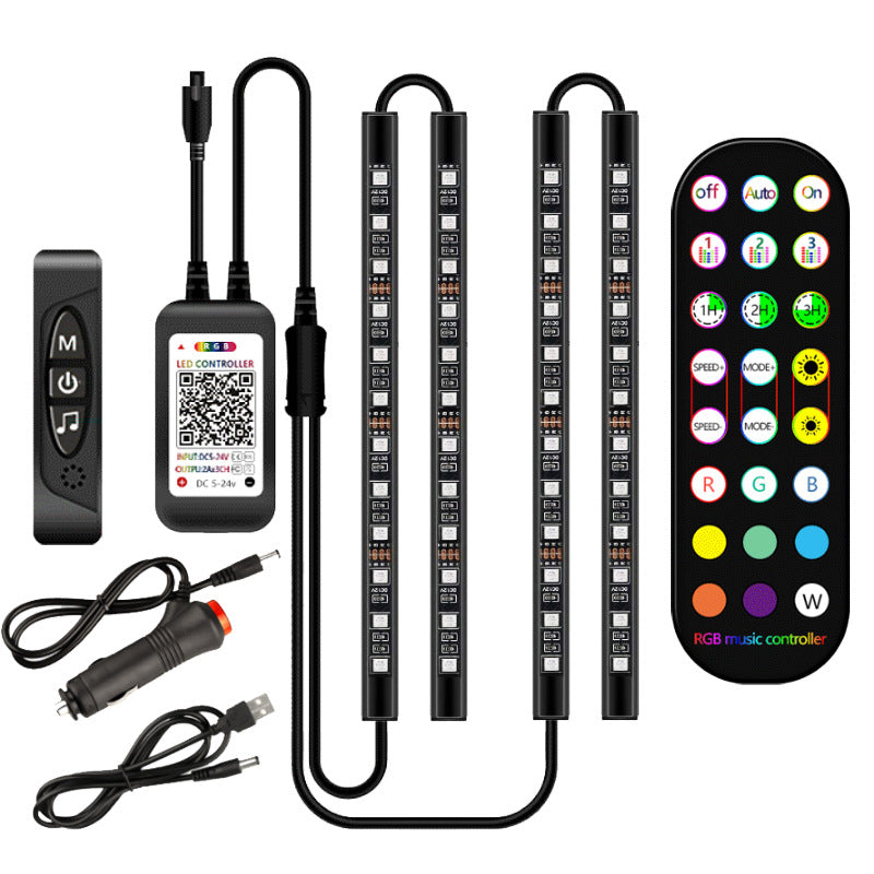 A vibrant LED car interior light showcasing waterproof design and remote control, enhancing vehicle ambiance.