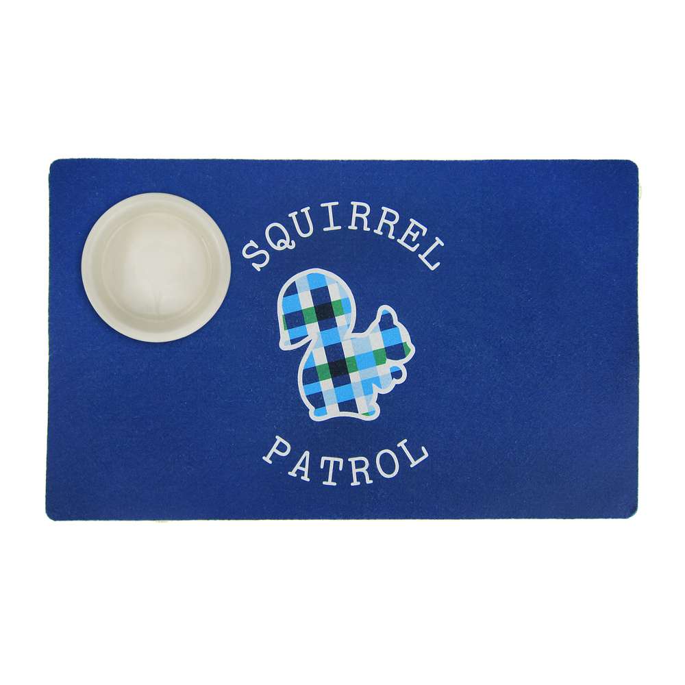 Summer Plaid Dog Mat in blue featuring a playful squirrel design, perfect for food and water bowls.