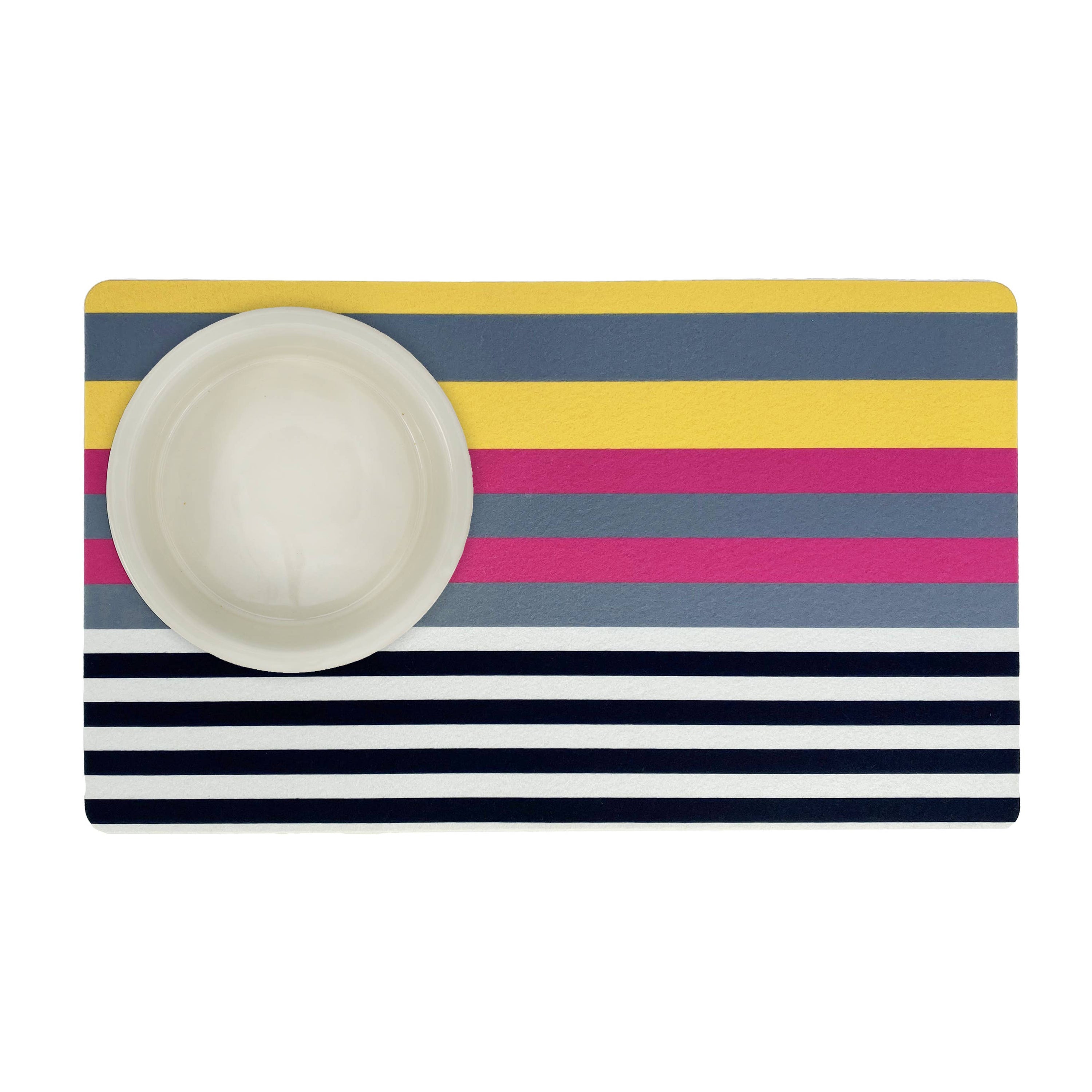 Colorful Sunshine Stripe Dog Mat with slip-resistant surface, designed for food and water bowls, measuring 24" x 14".