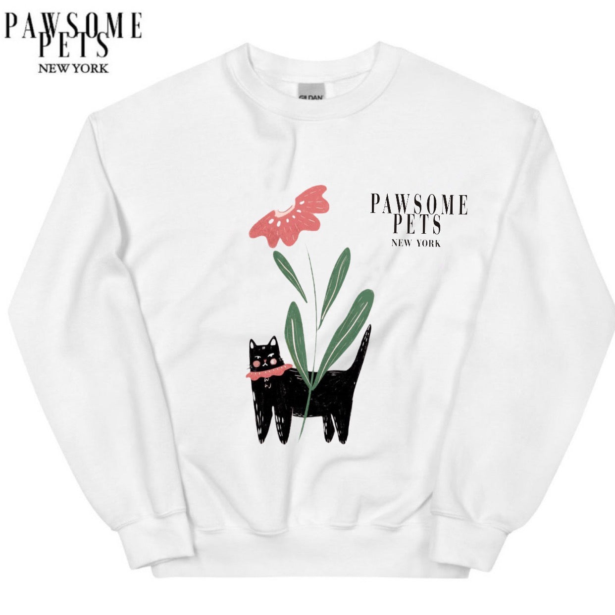 A stylish black sweatshirt featuring a cute black cat with a flower design, perfect for casual wear.