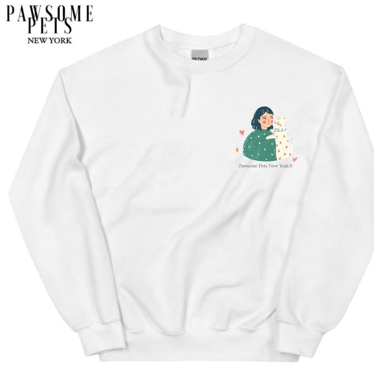 A comfortable black sweatshirt featuring a whimsical black cat design with a vibrant purple flower, perfect for casual wear.