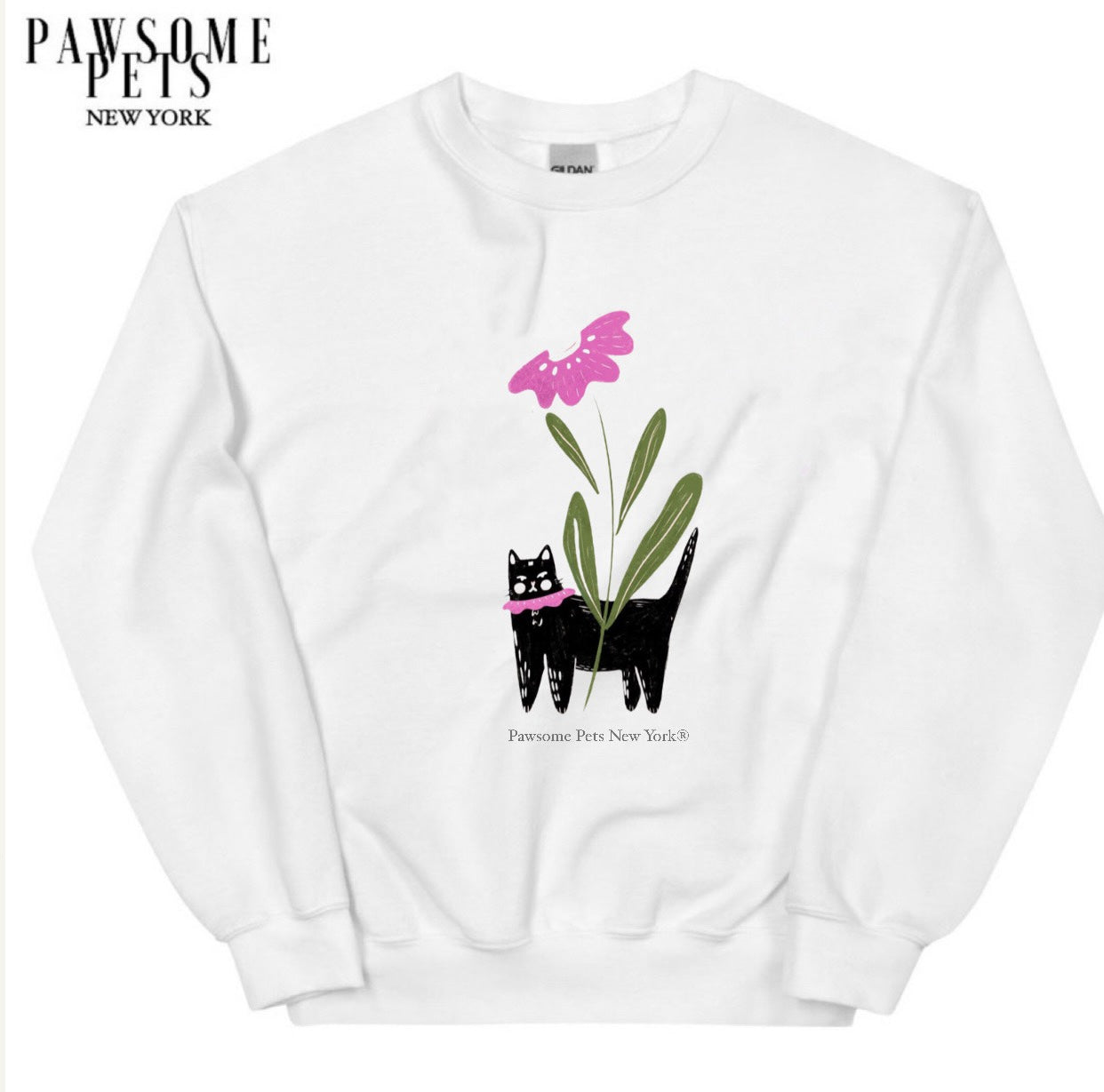 A comfortable black sweatshirt featuring a whimsical black cat design with a vibrant purple flower, perfect for casual wear.