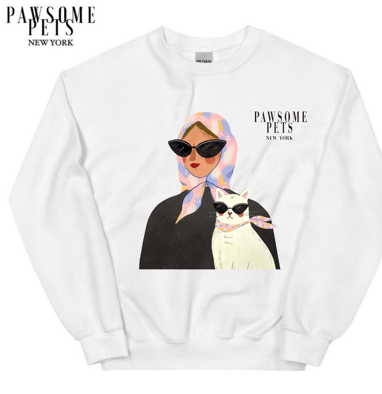 Light pink sweatshirt featuring a cute cat design, made from soft cotton-polyester blend.