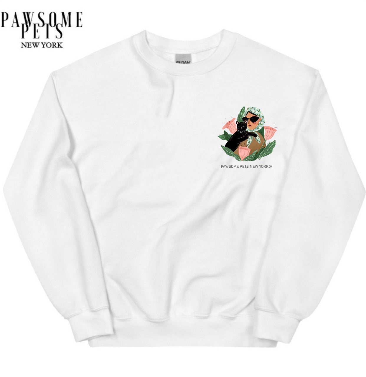 A stylish sweatshirt featuring a lady with a black cat design, showcasing a comfortable fit and eco-friendly print.