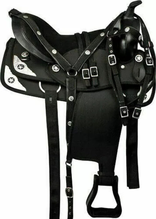 Synthetic Western Barrel Racing Horse Saddle Tack Set featuring black cordura material with colorful crystal accents and padded ostrich seat.