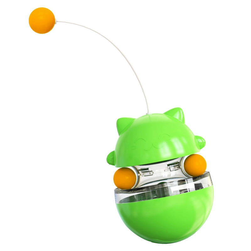 Tabby Tumbler™ interactive treat dispensing cat toy with colorful balls and flexible antenna.