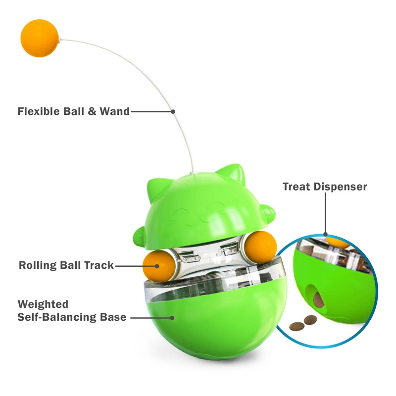 Tabby Tumbler™ interactive treat dispensing cat toy with colorful balls and flexible antenna.