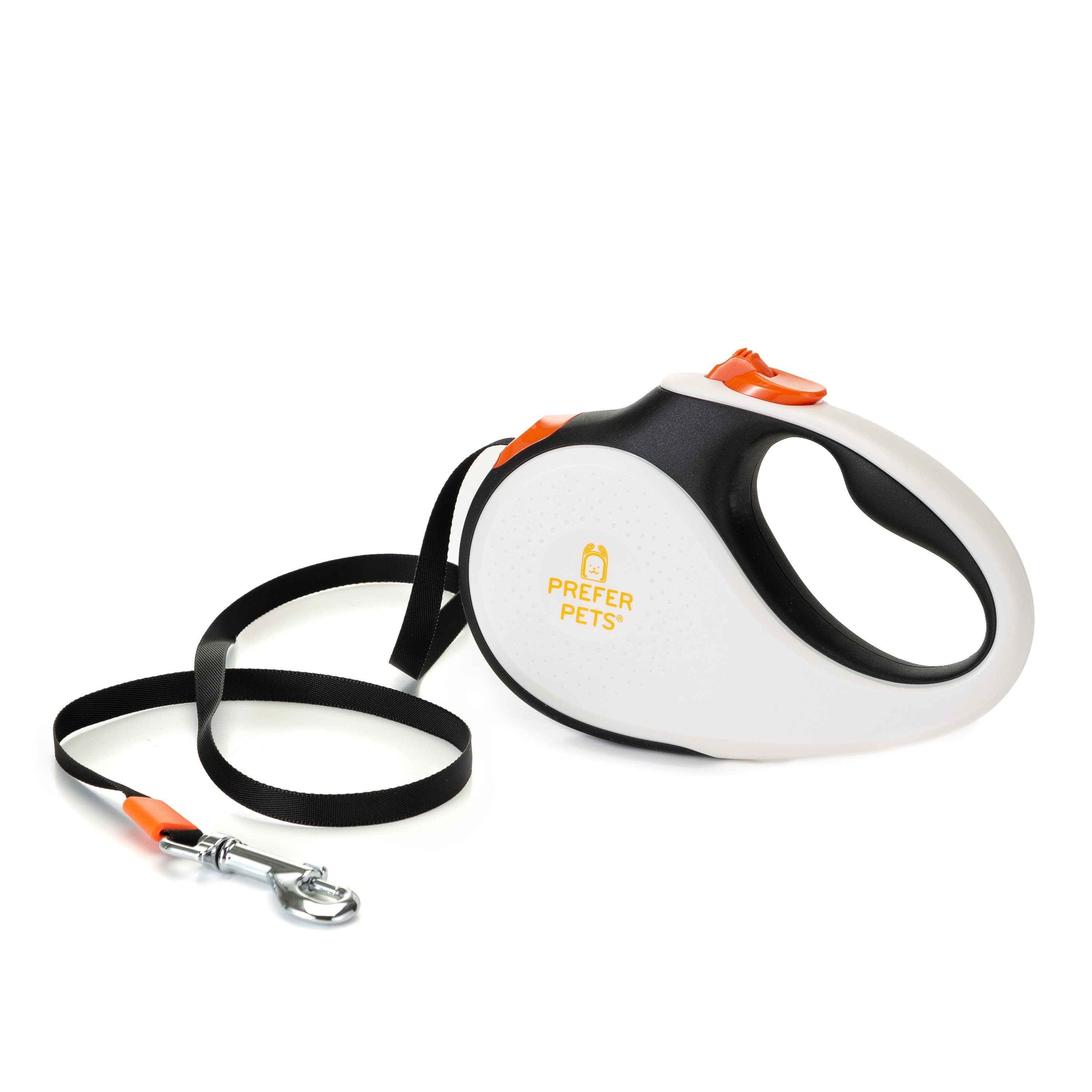 A tangle-free retractable leash designed for small pets, featuring a lockable switch and durable tape leash.