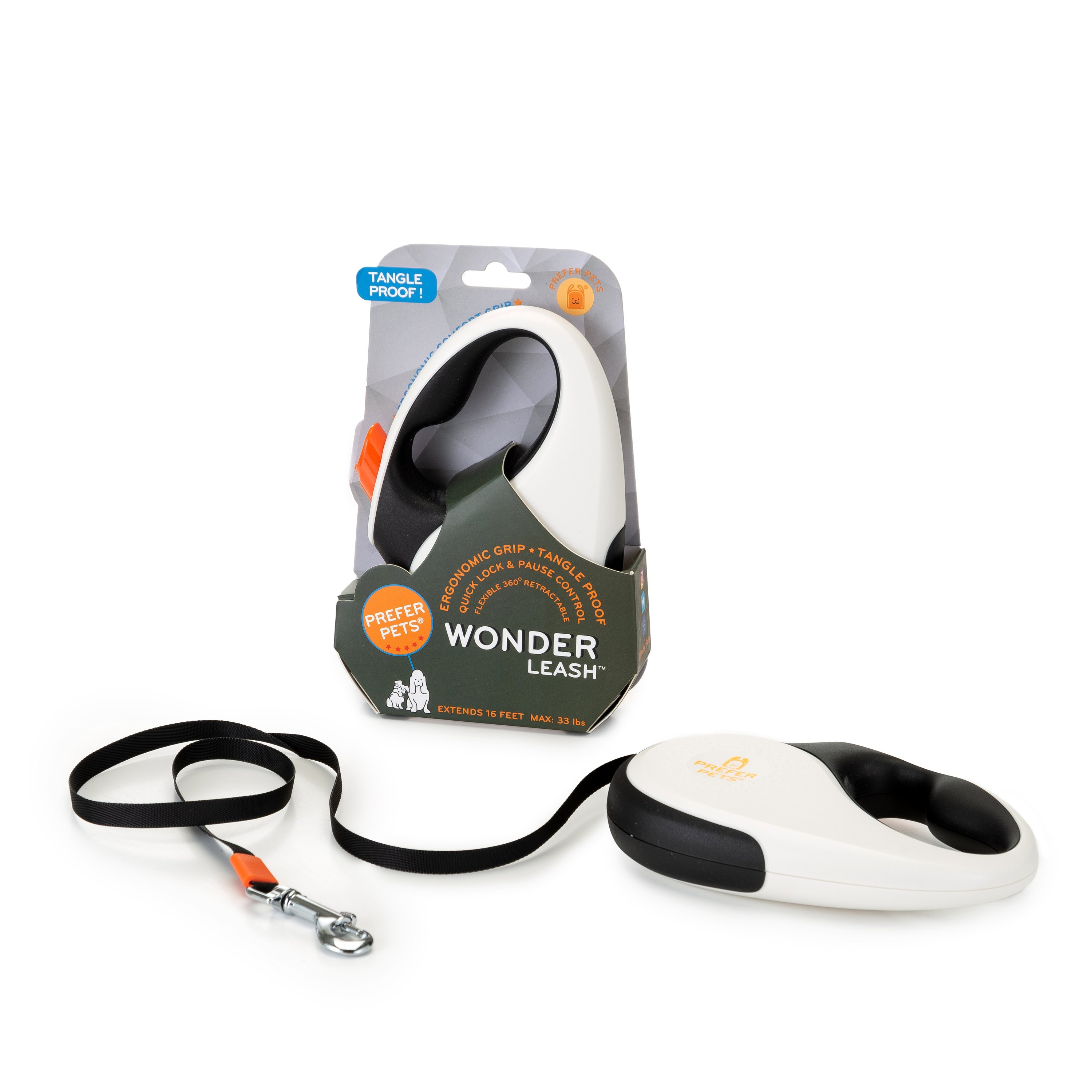 A tangle-free retractable leash designed for small pets, featuring a lockable switch and durable tape leash.