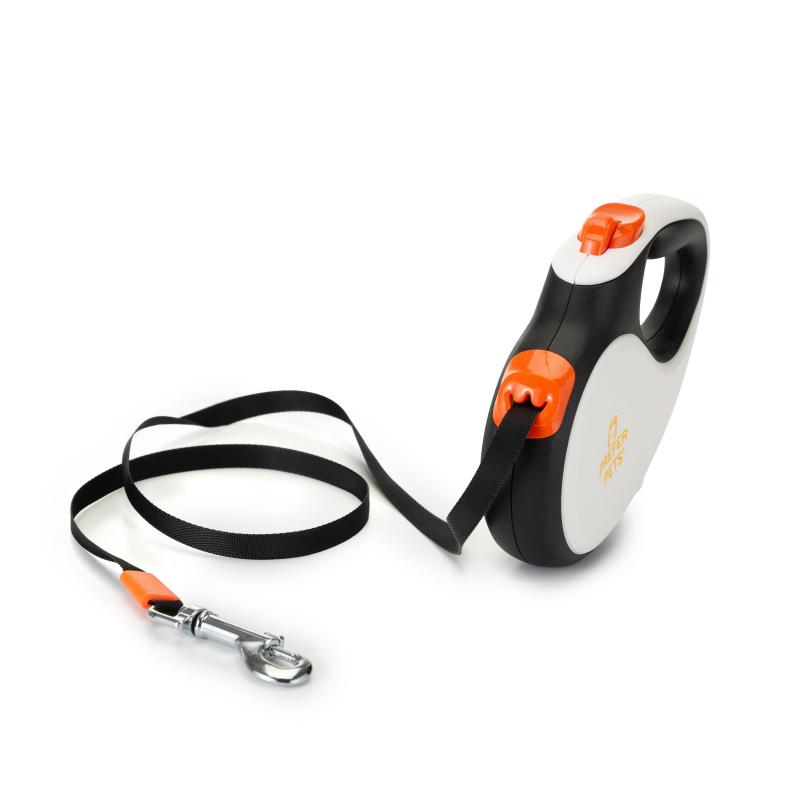 A tangle-free retractable leash designed for small pets, featuring a lockable switch and durable tape leash.