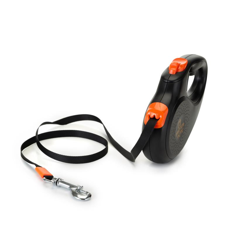 A tangle-free retractable leash designed for small pets, featuring a lockable switch and durable tape leash.