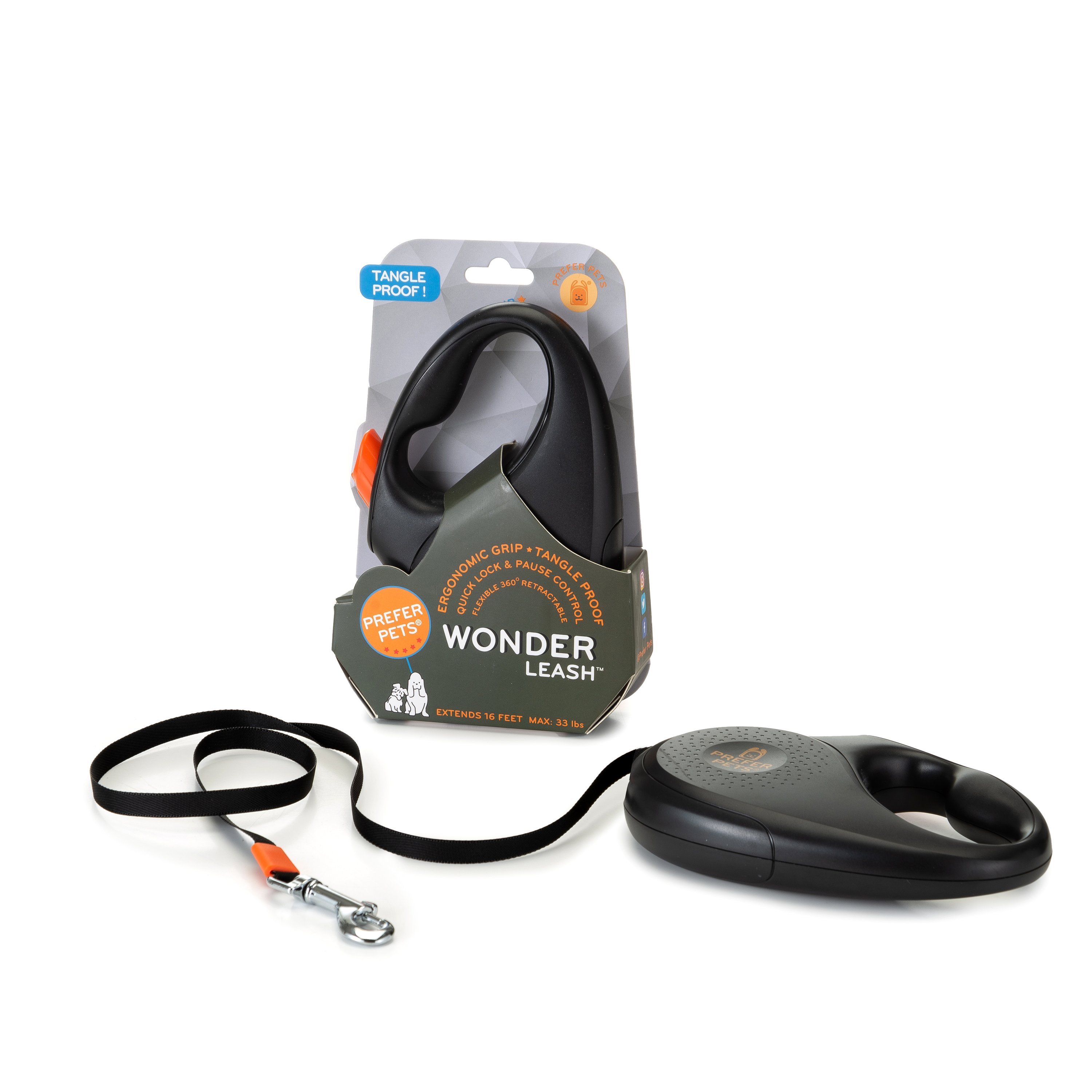 A tangle-free retractable leash designed for small pets, featuring a lockable switch and durable tape leash.