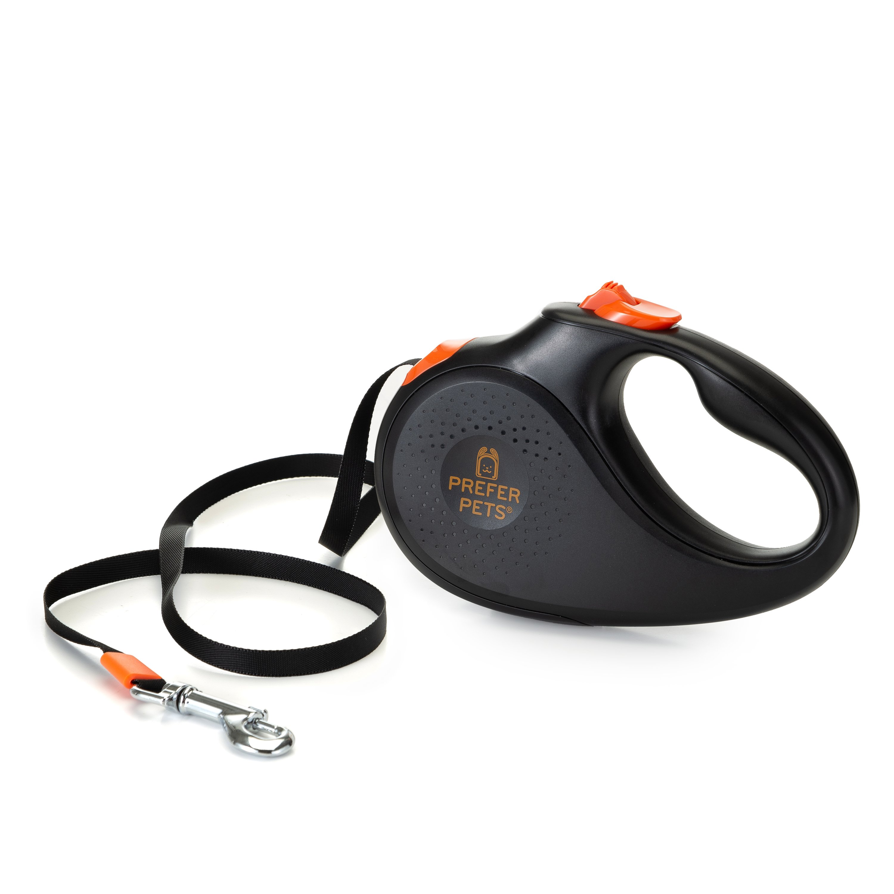 A tangle-free retractable leash designed for small pets, featuring a lockable switch and durable tape leash.