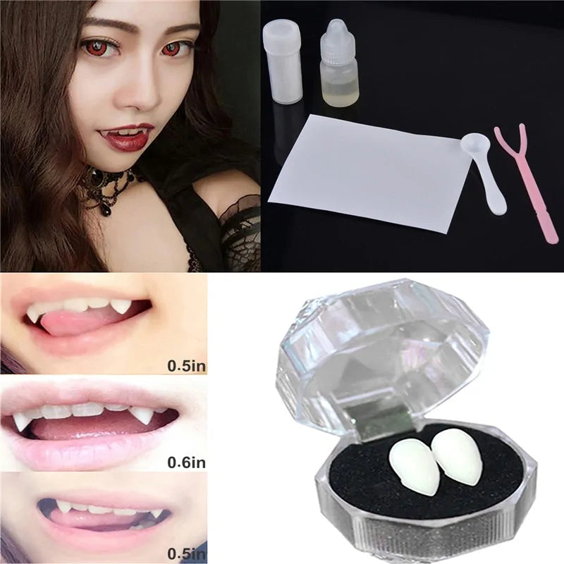 Teeth Glue Tools Set for Dentures, featuring applicators and adhesive for secure Halloween smiles.