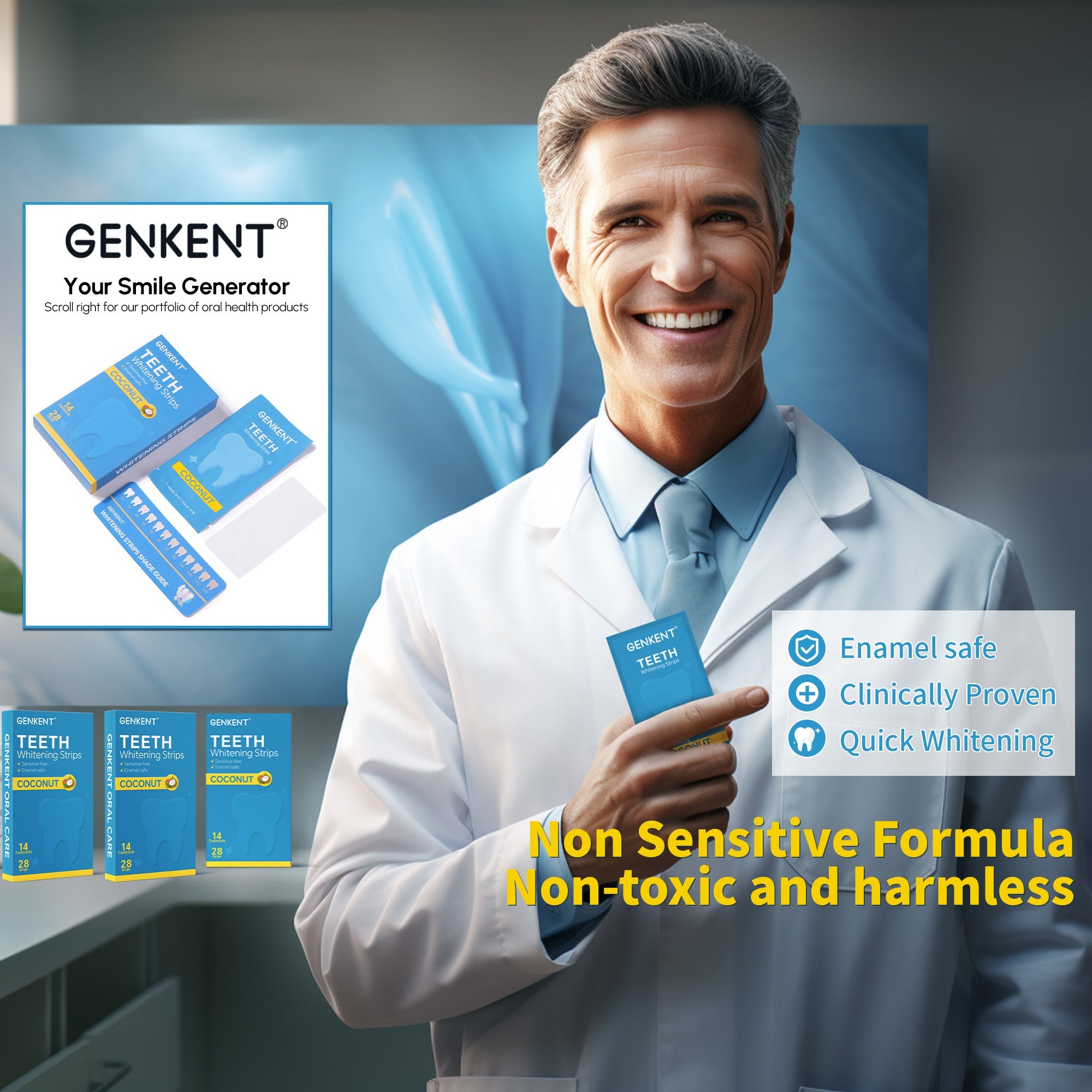 Teeth whitening strips package featuring 28 non-sensitive strips for effective whitening treatment.