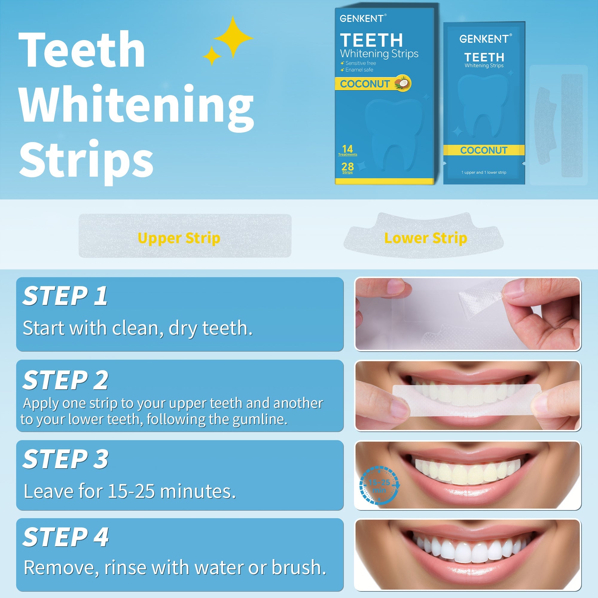 Teeth whitening strips package featuring 28 non-sensitive strips for effective whitening treatment.