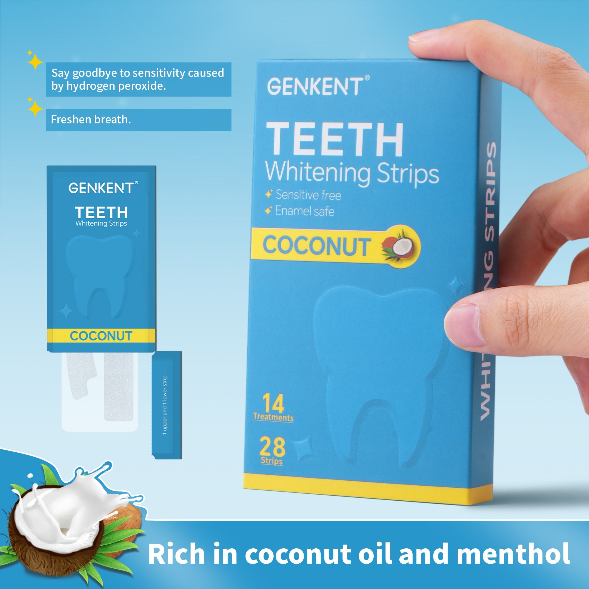 Teeth whitening strips package featuring 28 non-sensitive strips for effective whitening treatment.