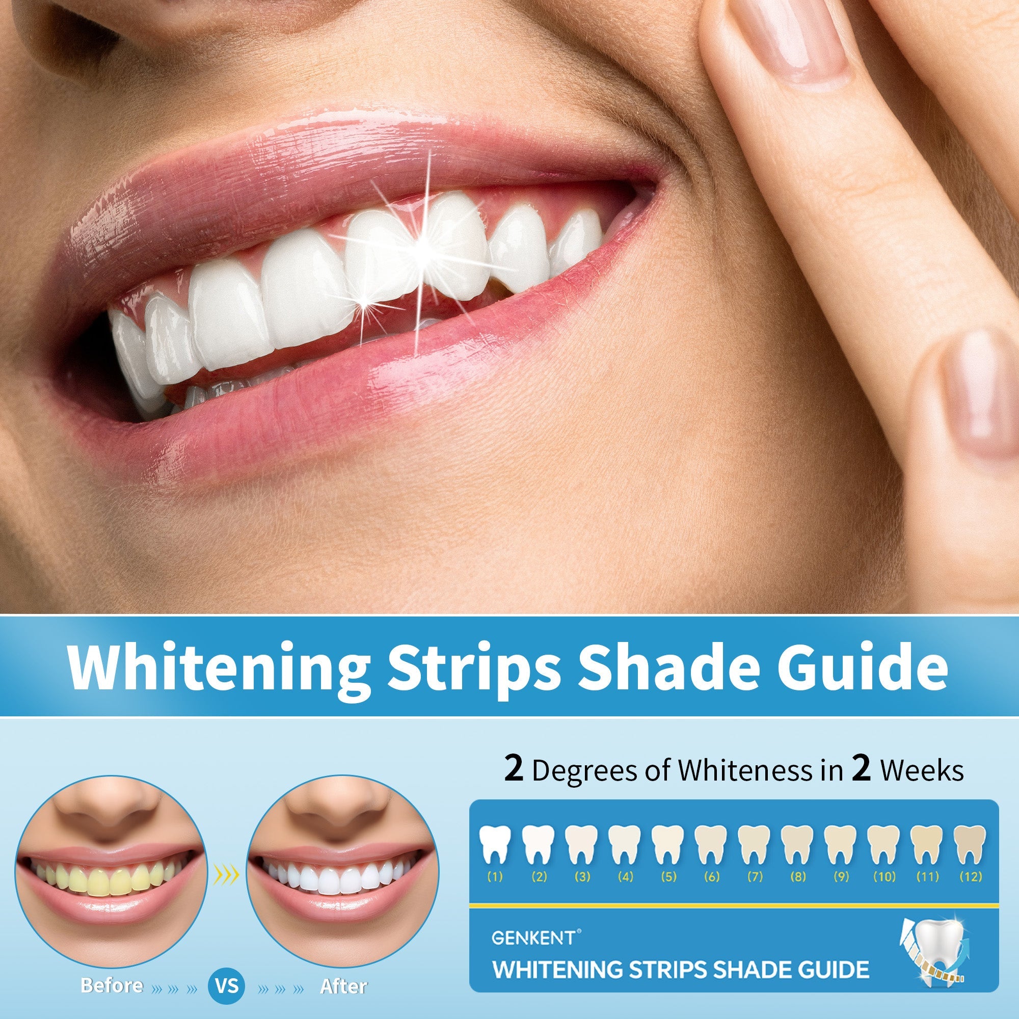 Teeth whitening strips package featuring 28 non-sensitive strips for effective whitening treatment.
