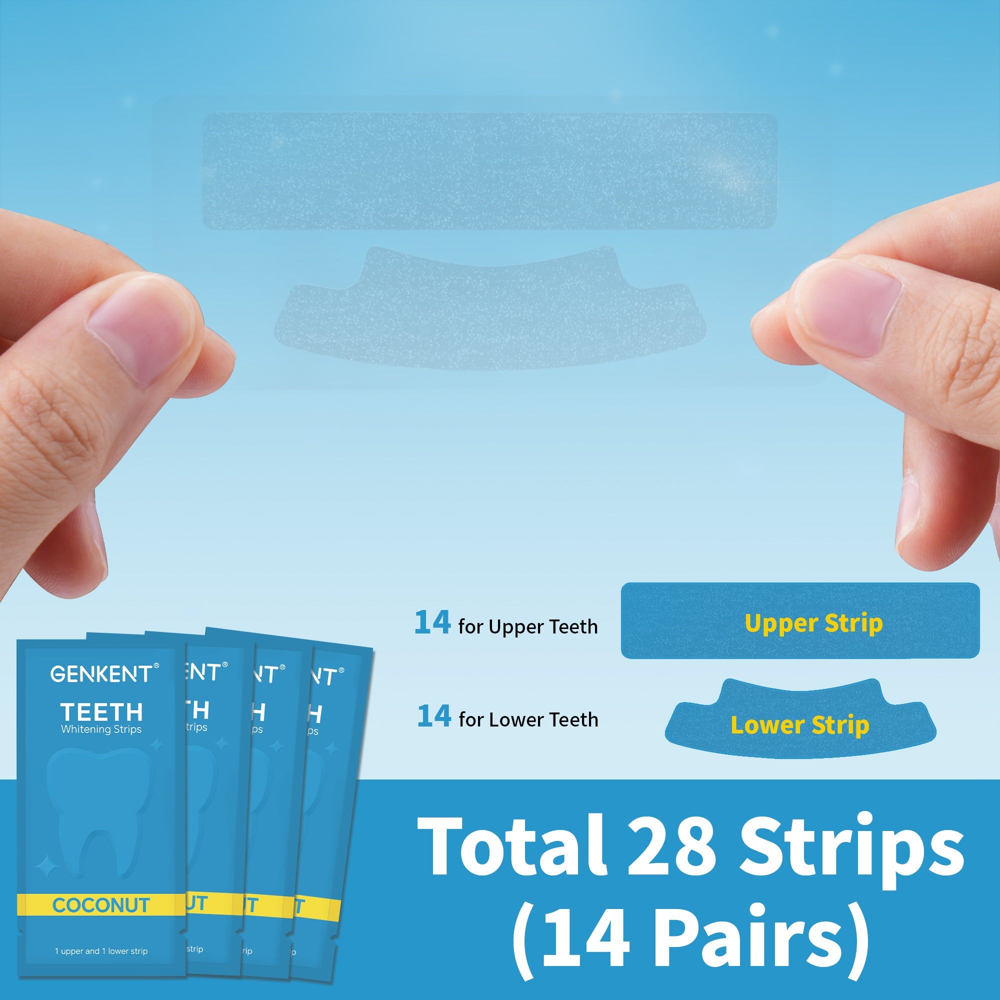 Teeth whitening strips package featuring 28 non-sensitive strips for effective whitening treatment.