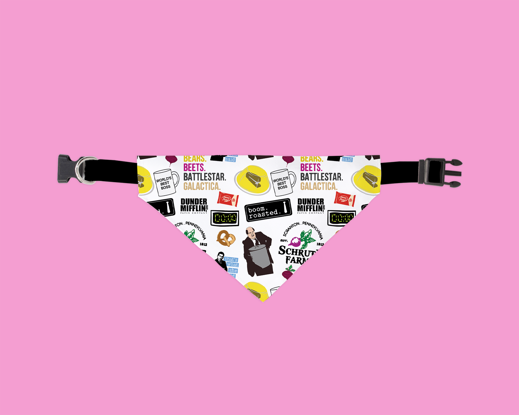 A colorful and stylish slip-on bandana for dogs, made from ultra-soft polyester fabric, showcasing unique patterns and a secure fit over a collar.