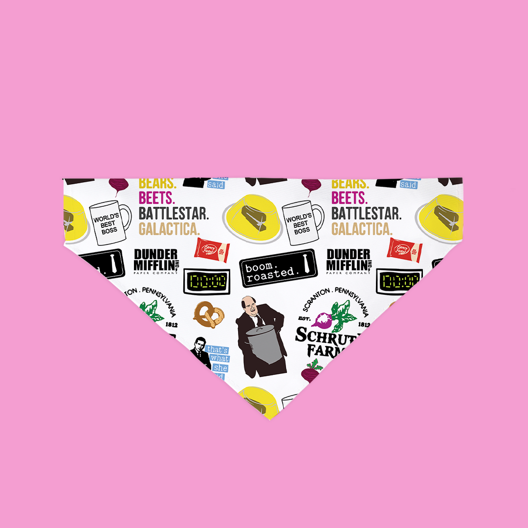 A colorful and stylish slip-on bandana for dogs, made from ultra-soft polyester fabric, showcasing unique patterns and a secure fit over a collar.