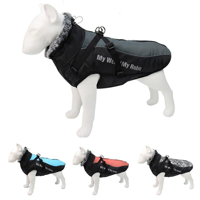 Thick waterproof dog coat with reflective strips and fur collar, suitable for large dogs like Golden Retrievers and Rottweilers.