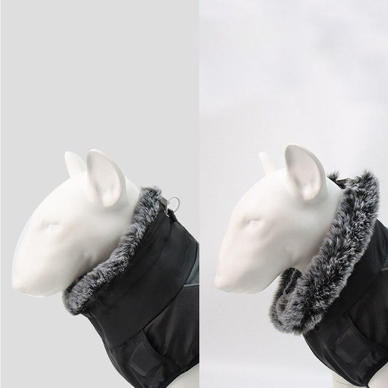 Thick waterproof dog coat with reflective strips and fur collar, suitable for large dogs like Golden Retrievers and Rottweilers.