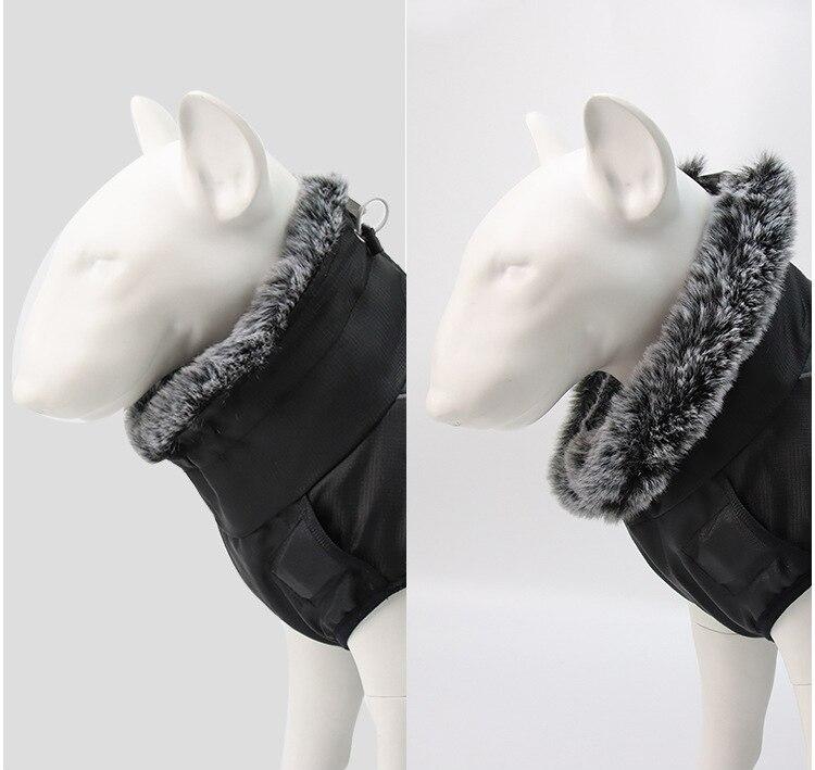 Thick waterproof dog coat with reflective strips and fur collar, suitable for large dogs like Golden Retrievers and Rottweilers.