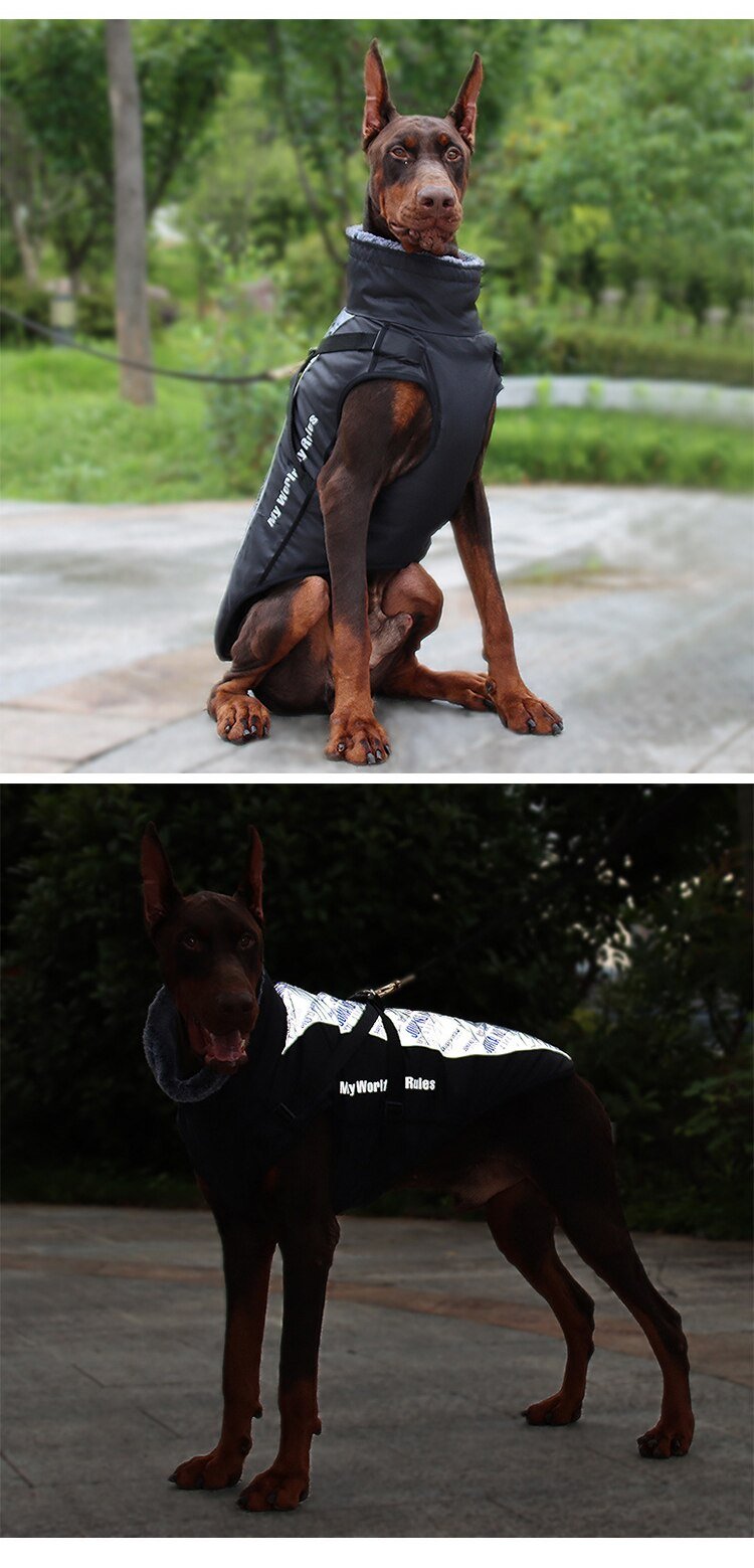 Thick waterproof dog coat with reflective strips and fur collar, suitable for large dogs like Golden Retrievers and Rottweilers.