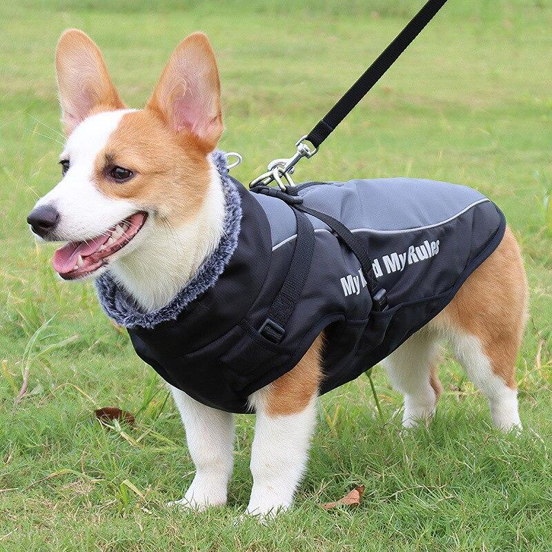 Thick waterproof dog coat with reflective strips and fur collar, suitable for large dogs like Golden Retrievers and Rottweilers.