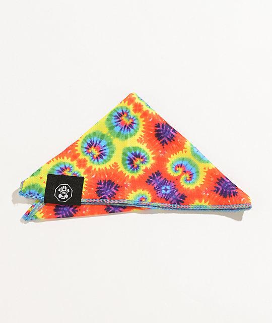 A colorful tie dye cooling bandanna for dogs, made of jersey mesh fabric, designed to keep pets cool on hot days.