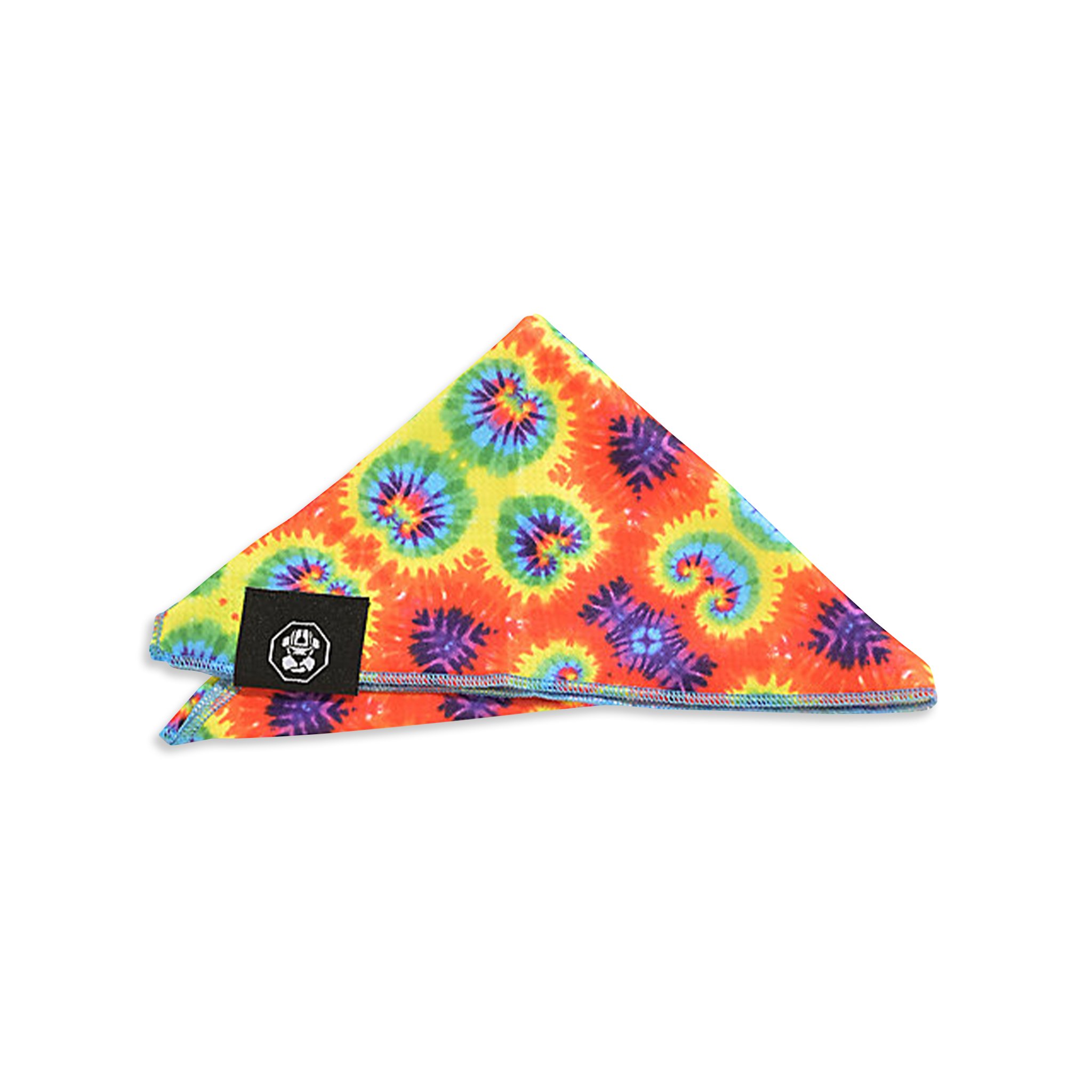 A colorful tie dye cooling bandanna for dogs, made of jersey mesh fabric, designed to keep pets cool on hot days.