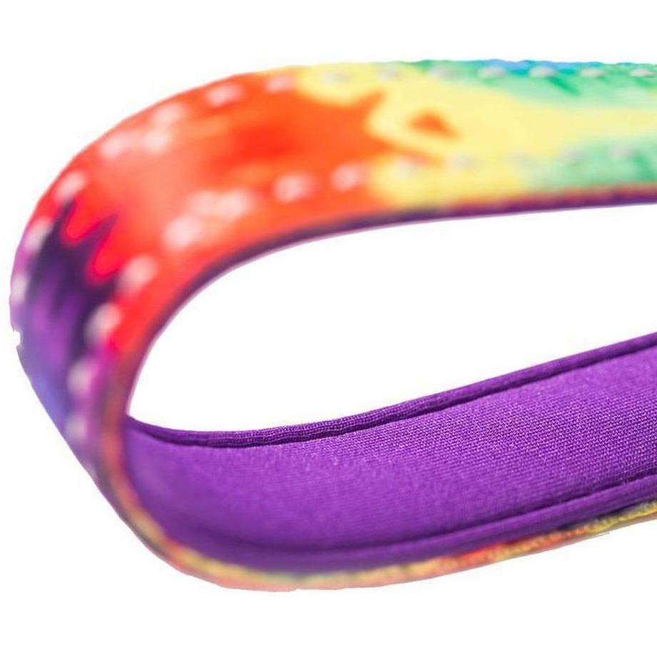 Colorful Tie-Dye leash with neoprene padded handle and reflective strips, designed for comfort and safety during walks.