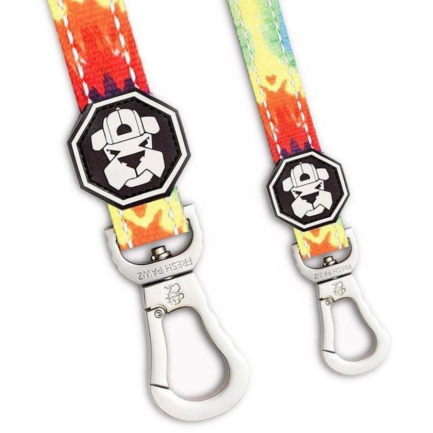 Colorful Tie-Dye leash with neoprene padded handle and reflective strips, designed for comfort and safety during walks.