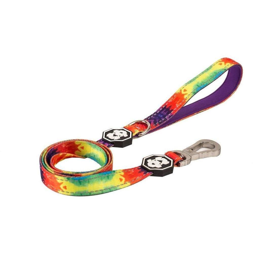 Colorful Tie-Dye leash with neoprene padded handle and reflective strips, designed for comfort and safety during walks.