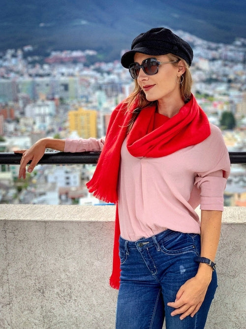 A luxurious Timeless Accent Alpaca Shawl in rich colors, showcasing its soft texture and elegant design.