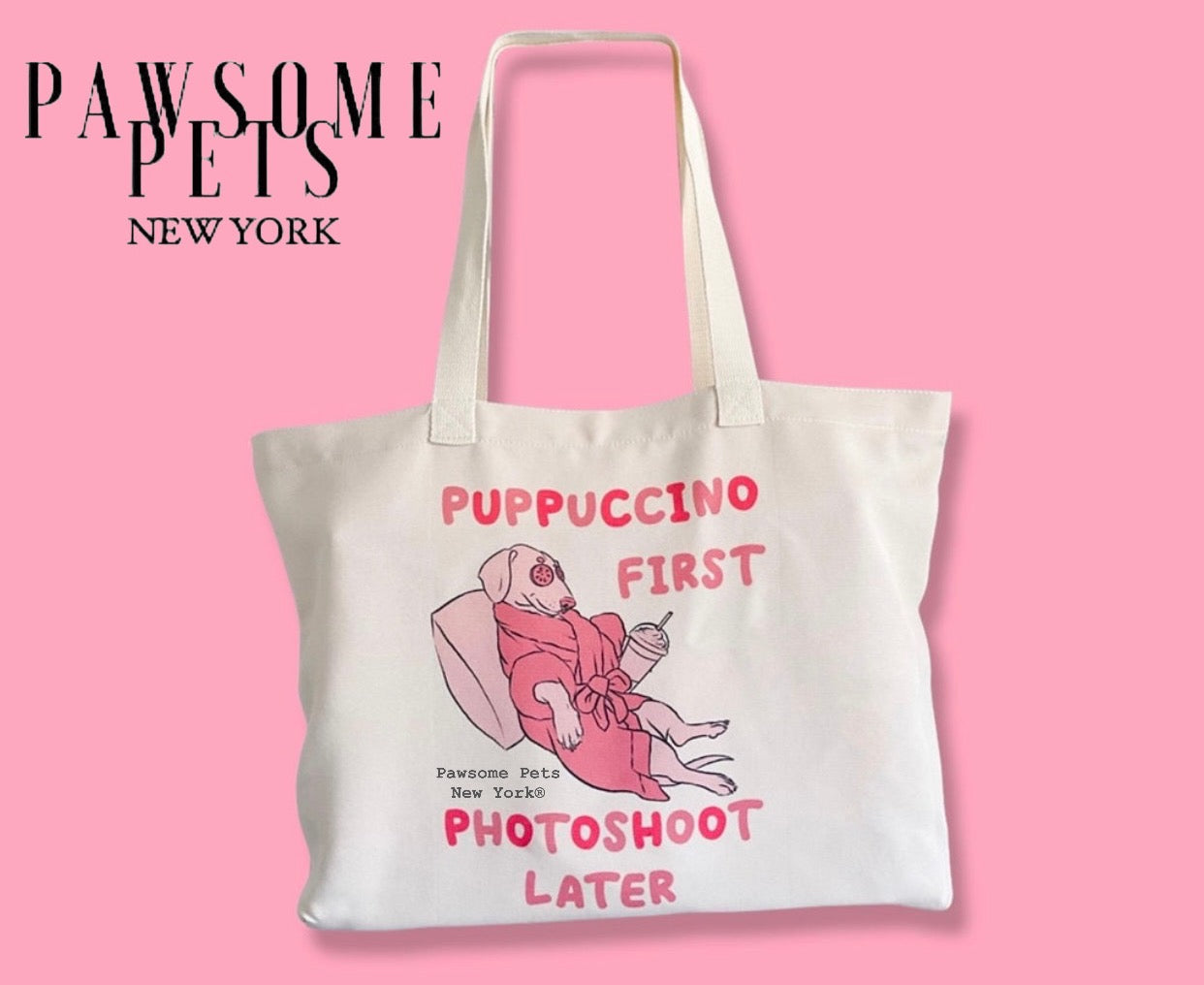 Durable Polyester Canvas tote bag featuring Puppuccino design by Pawsome Pets New York, perfect for pet lovers.
