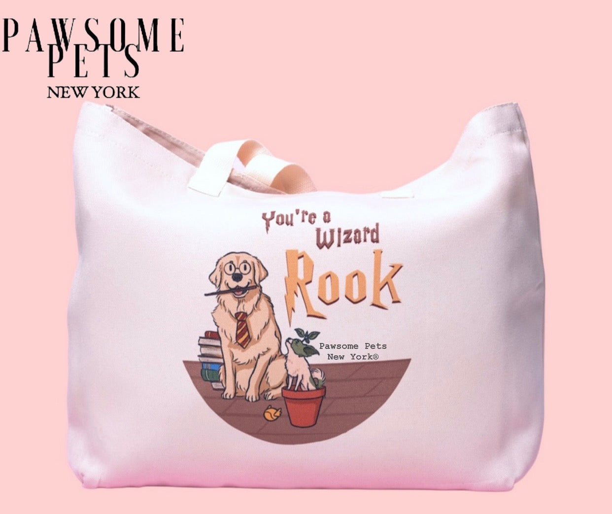 Durable Polyester Canvas tote bag featuring a whimsical wizard pup design by PAWSOME PETS NEW YORK.