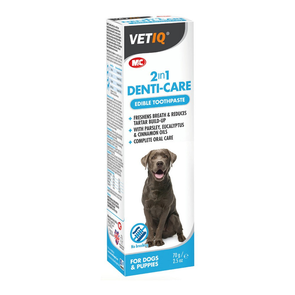 Toothpaste Planet Line 2 in 1 Denti Care Edible for dogs, 70 g tube with a colorful design, showcasing its edible and dental care features.
