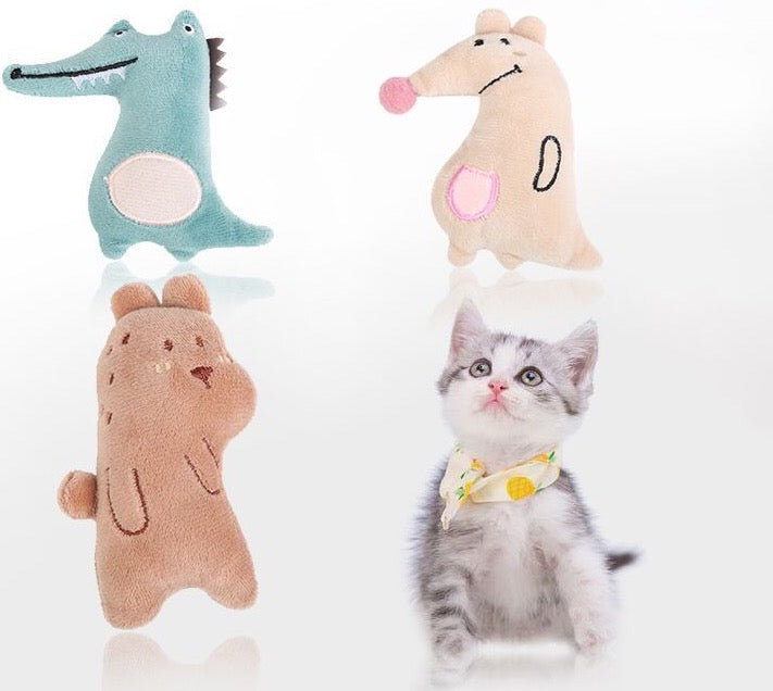 A variety of colorful catnip toys designed for cats, made from natural materials, showcasing their durability and safety.