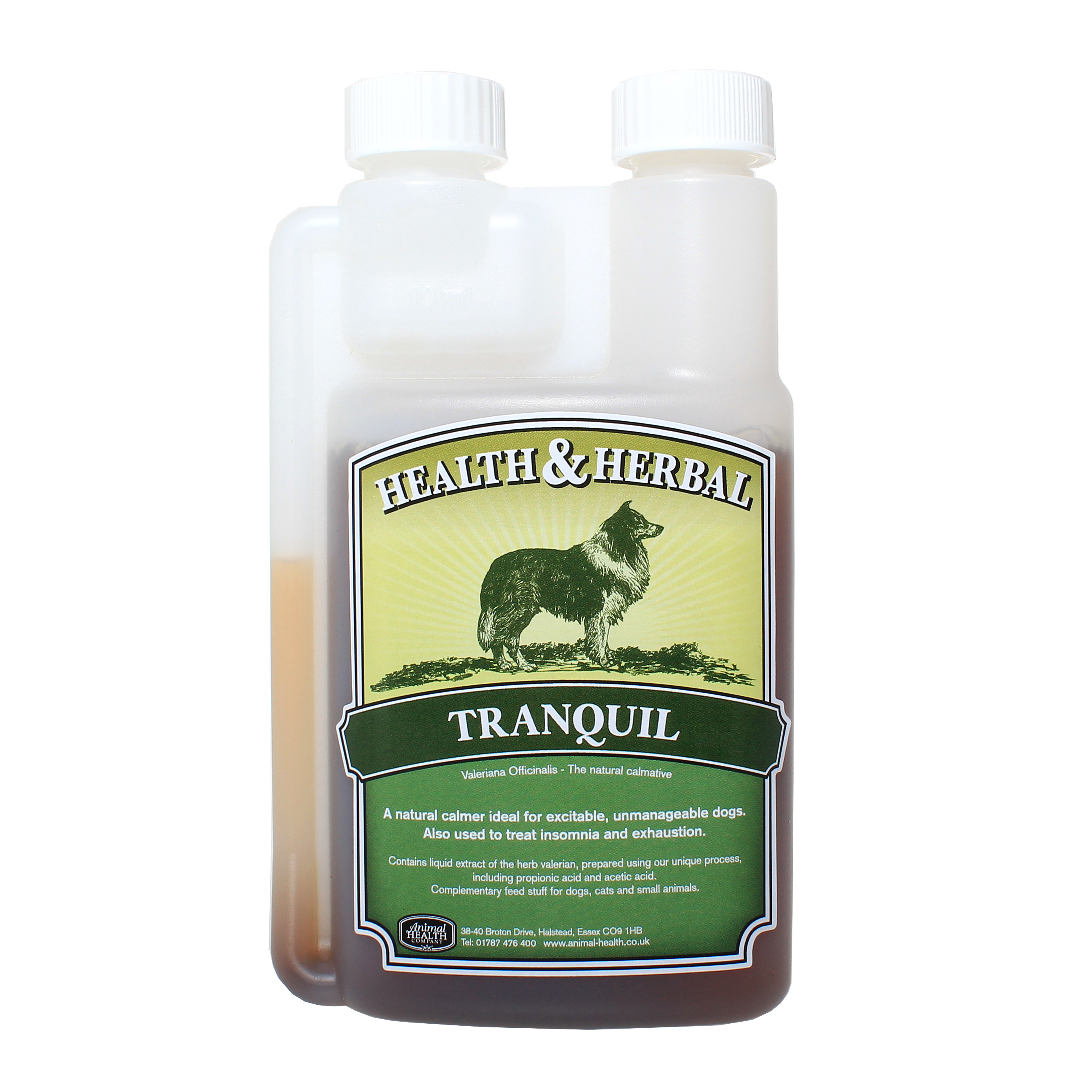 A bottle of Tranquil, a natural Valerian infusion for calming anxious dogs, placed on a wooden surface with a serene background.