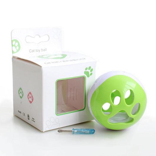 A colorful treat ball designed for cats, featuring LED lights and sound, promoting interactive play and slow feeding.