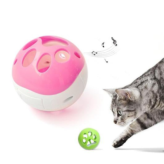 A colorful treat ball designed for cats, featuring LED lights and sound, promoting interactive play and slow feeding.
